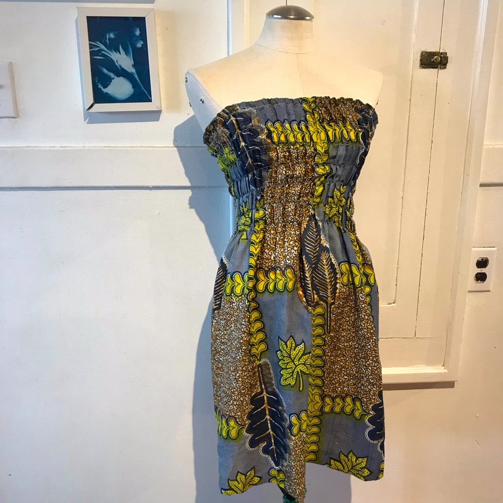 Handmade Strapless Smocked Sun Dress in Blue/Yellow Fabric, Size S/M